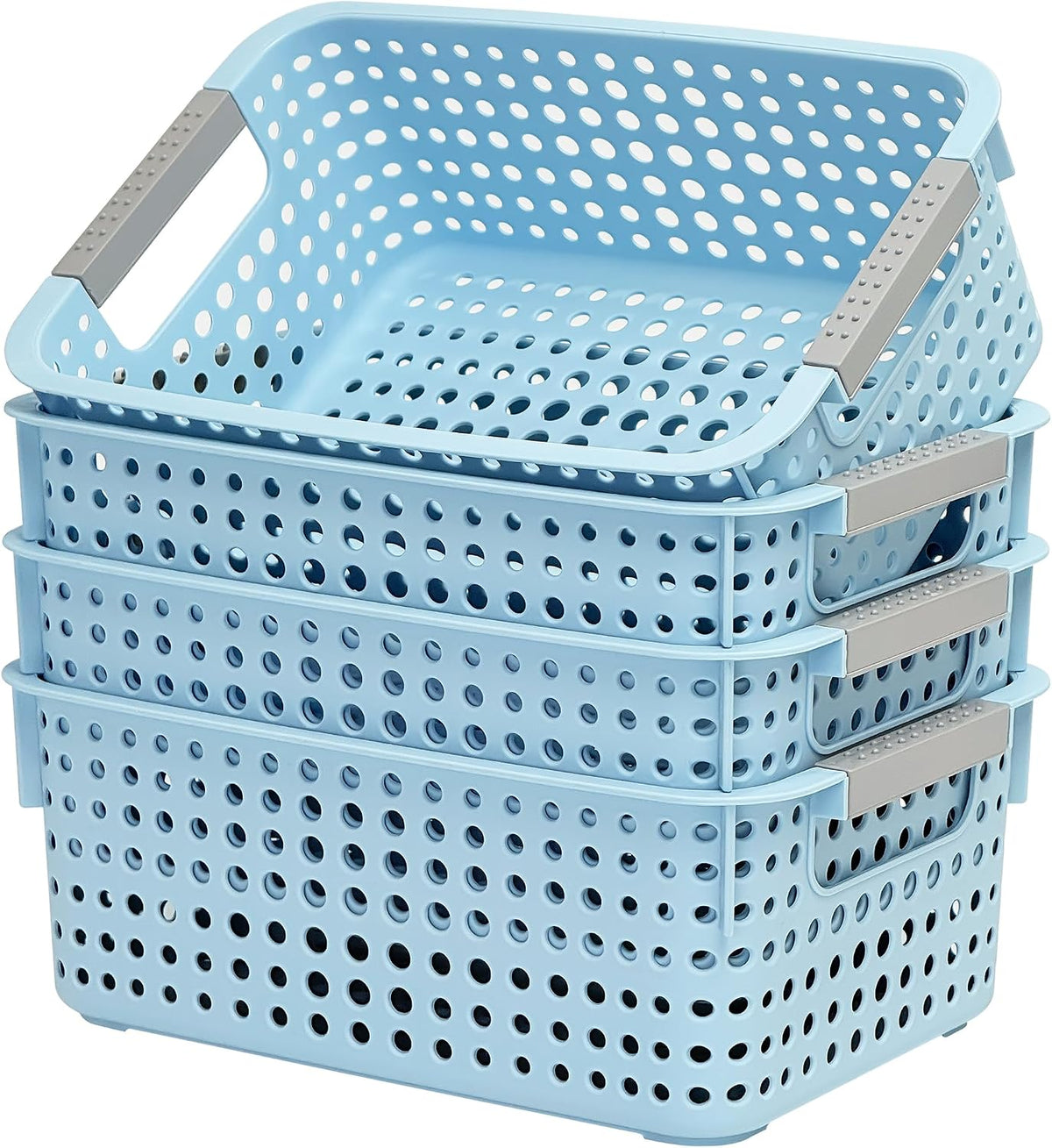 Soddeph 4-Pack Hollow Plastic Storage Baskets with Handles(Blue, Small)