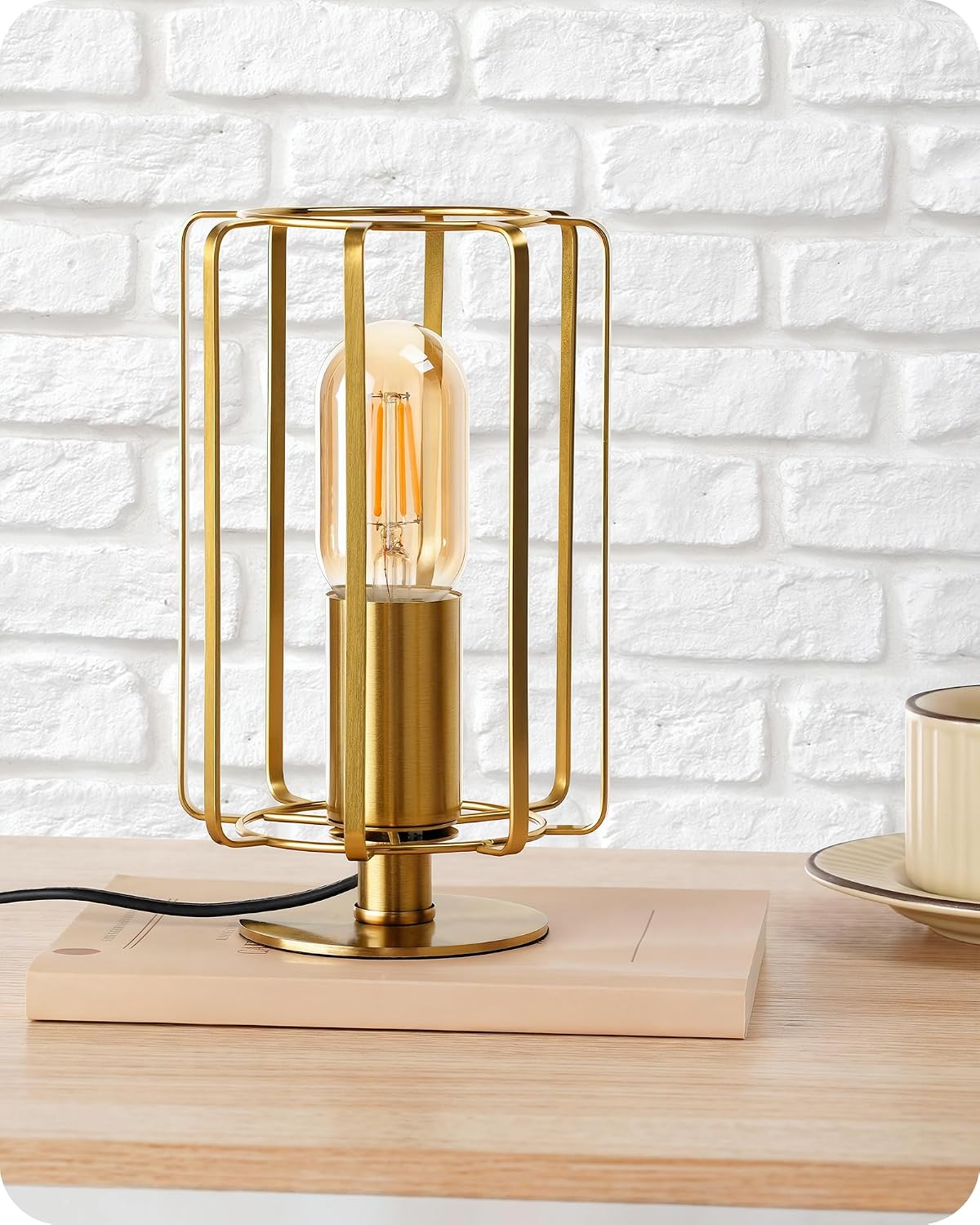 Industrial Table Lamp, 8.5" Small Brass Table Lamp with Dimmable 2400K Warm Light LED Bulb, Vintage Brass Desk Lamp, Gold Bedside Lamp for Bedroom, Study, Office, Small Space, D05TL05