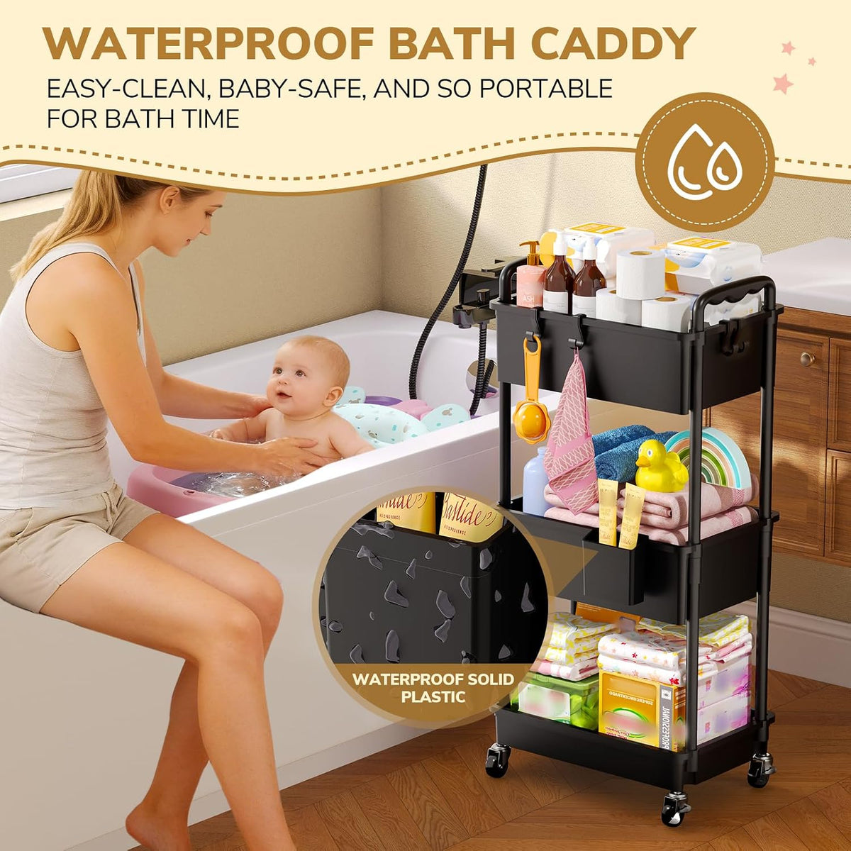Goovilla Diaper Cart with Lockable Wheels and Easy Assembly, 3 Tier Black
