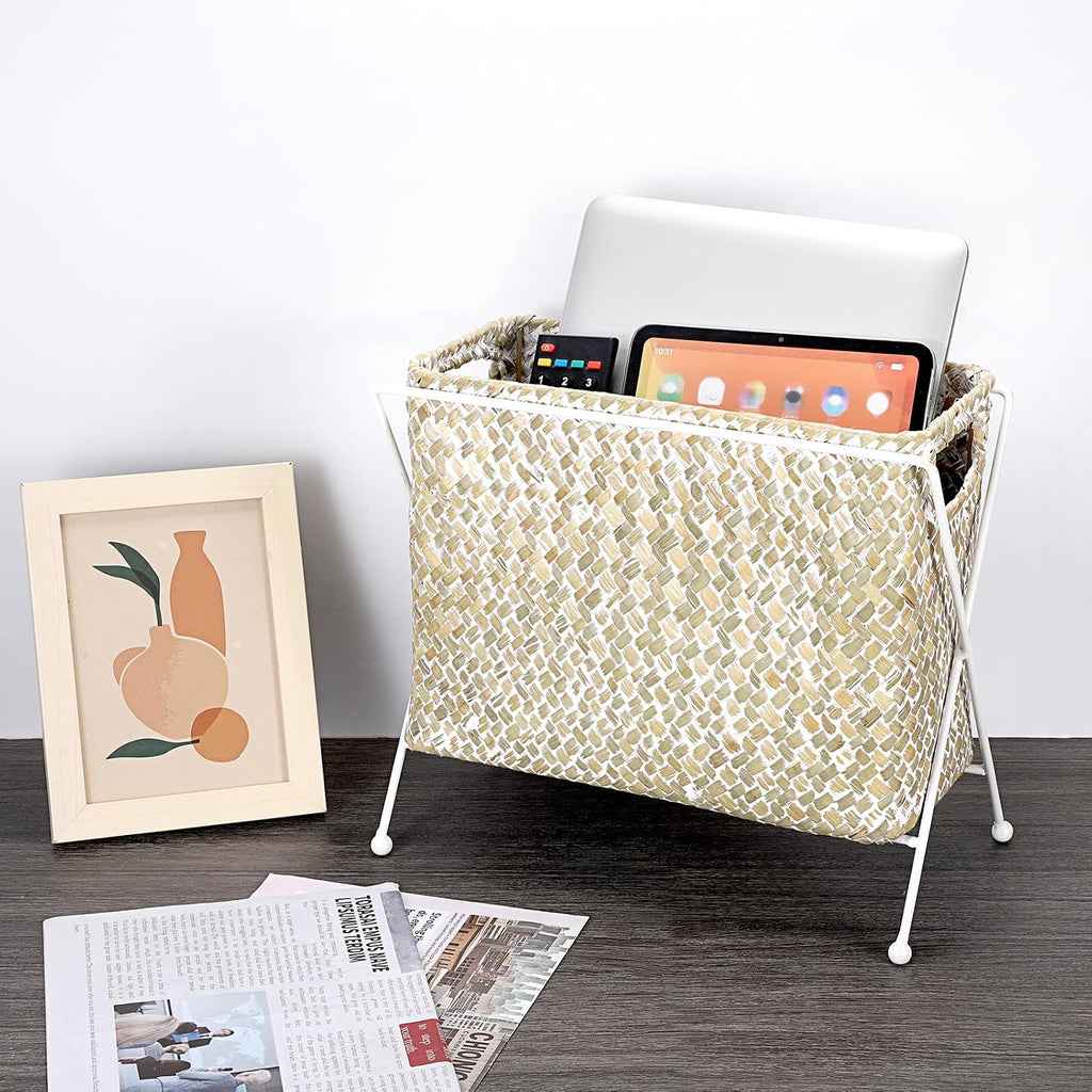 BTSKY Handwoven Magazine Holder, Natural Seagrass Magazine Basket with Metal Rack, Mail Holder Floor Organizer for Office, Living Room, Dorm, Bathroom, Woven Rattan File Basket with Handle (White)