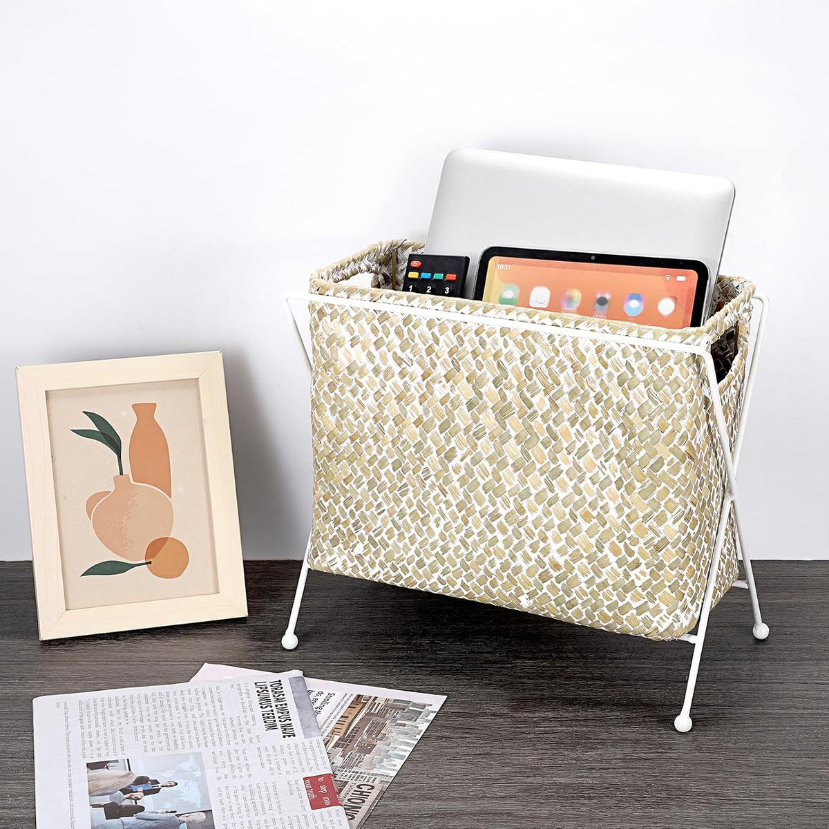 BTSKY Handwoven Magazine Holder, Natural Seagrass Magazine Basket with Metal Rack, Mail Holder Floor Organizer for Office, Living Room, Dorm, Bathroom, Woven Rattan File Basket with Handle (White)