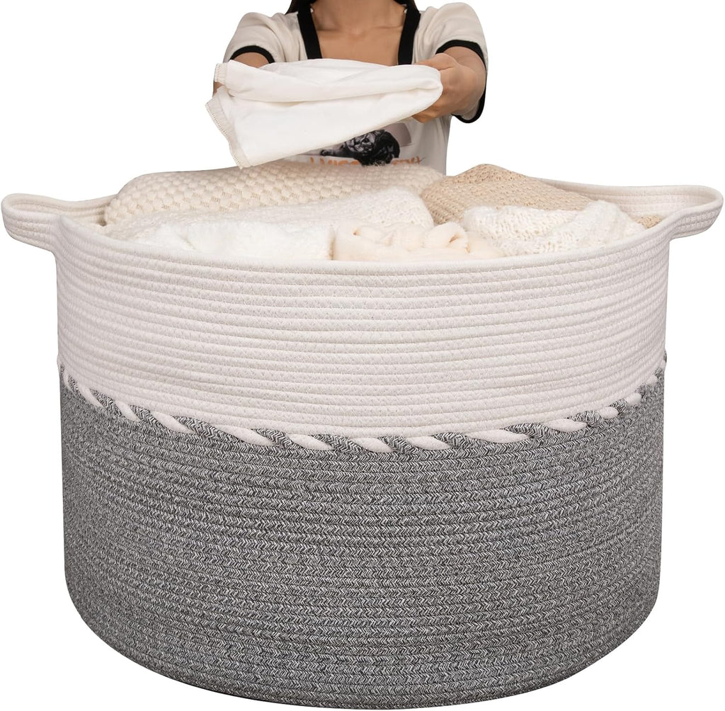 OIAHOMY 125L Extra Large Blanket Basket, Jumbo Cotton Laundry Basket Grey