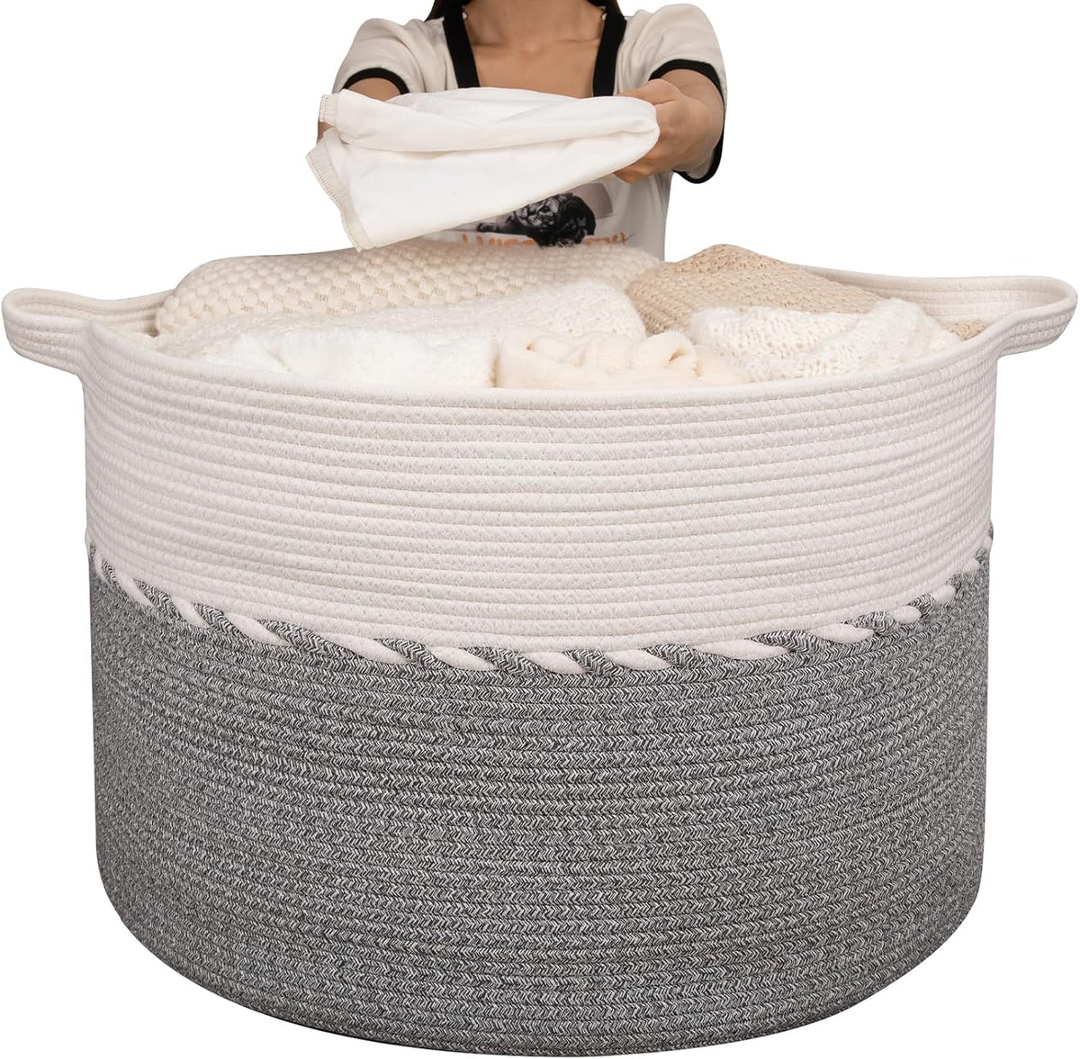 OIAHOMY 125L Extra Large Blanket Basket, Jumbo Cotton Laundry Basket Grey