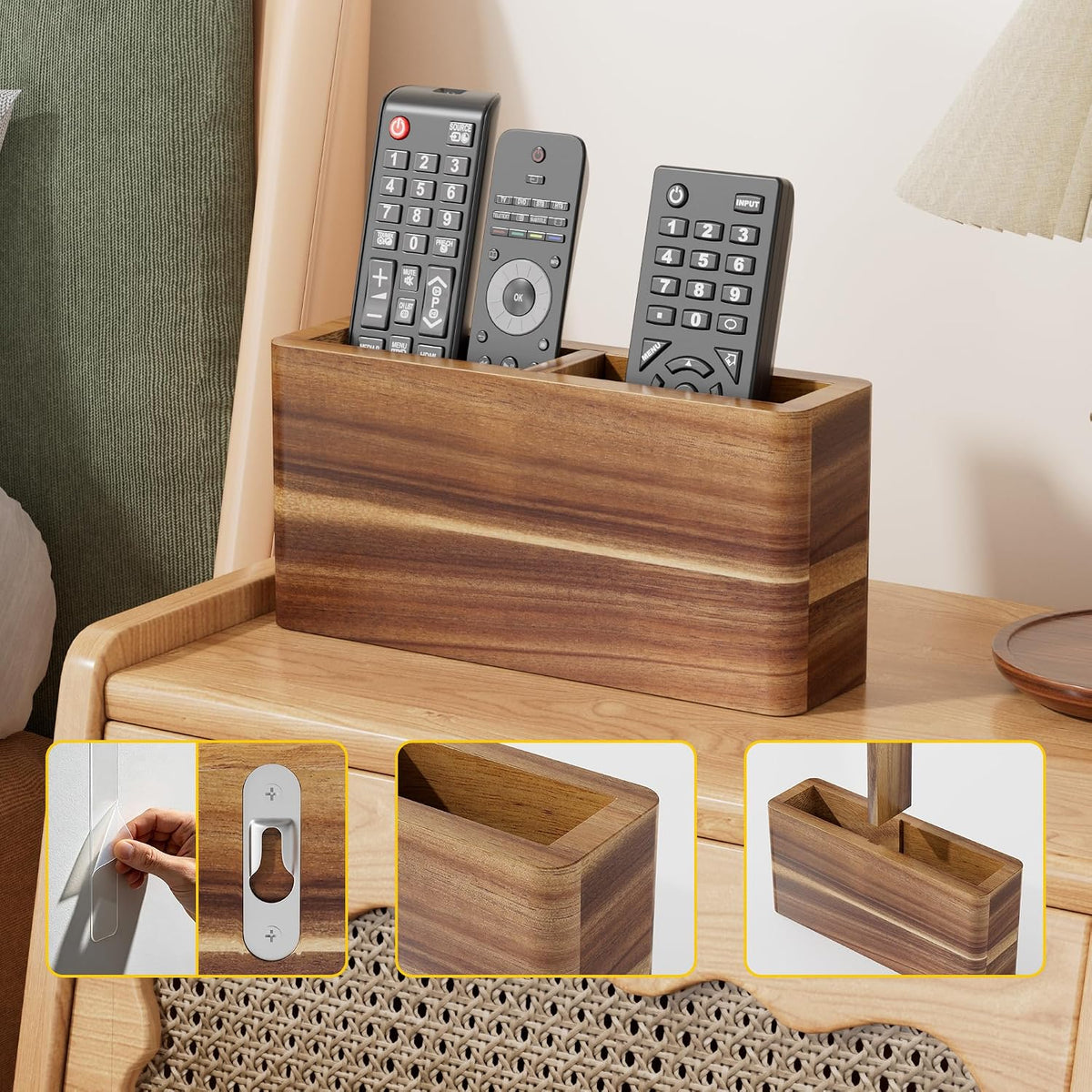 Wood Remote Control Holder Wall Mount, TV Remote Holder for Wall, Remote Control Organizer for Table Desk Home Decor