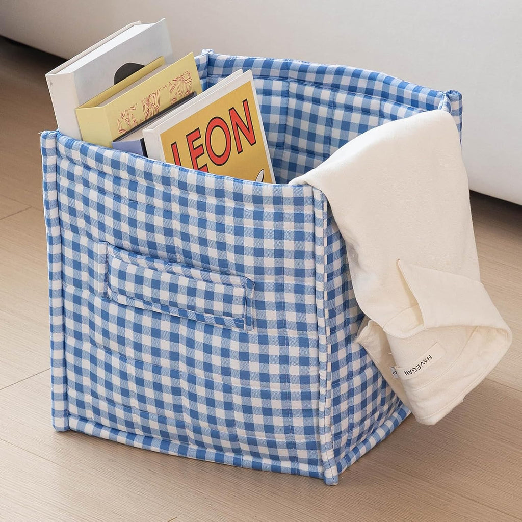 vctops Blue Gingham Storage Cubes Organizer, 11.4 Inch 3 Pack Collapsible Fabric Storage Bins with Handles for Organization, Closet, Shelves, Offices, Toys (Blue,11.4"x11.4"x11.4")