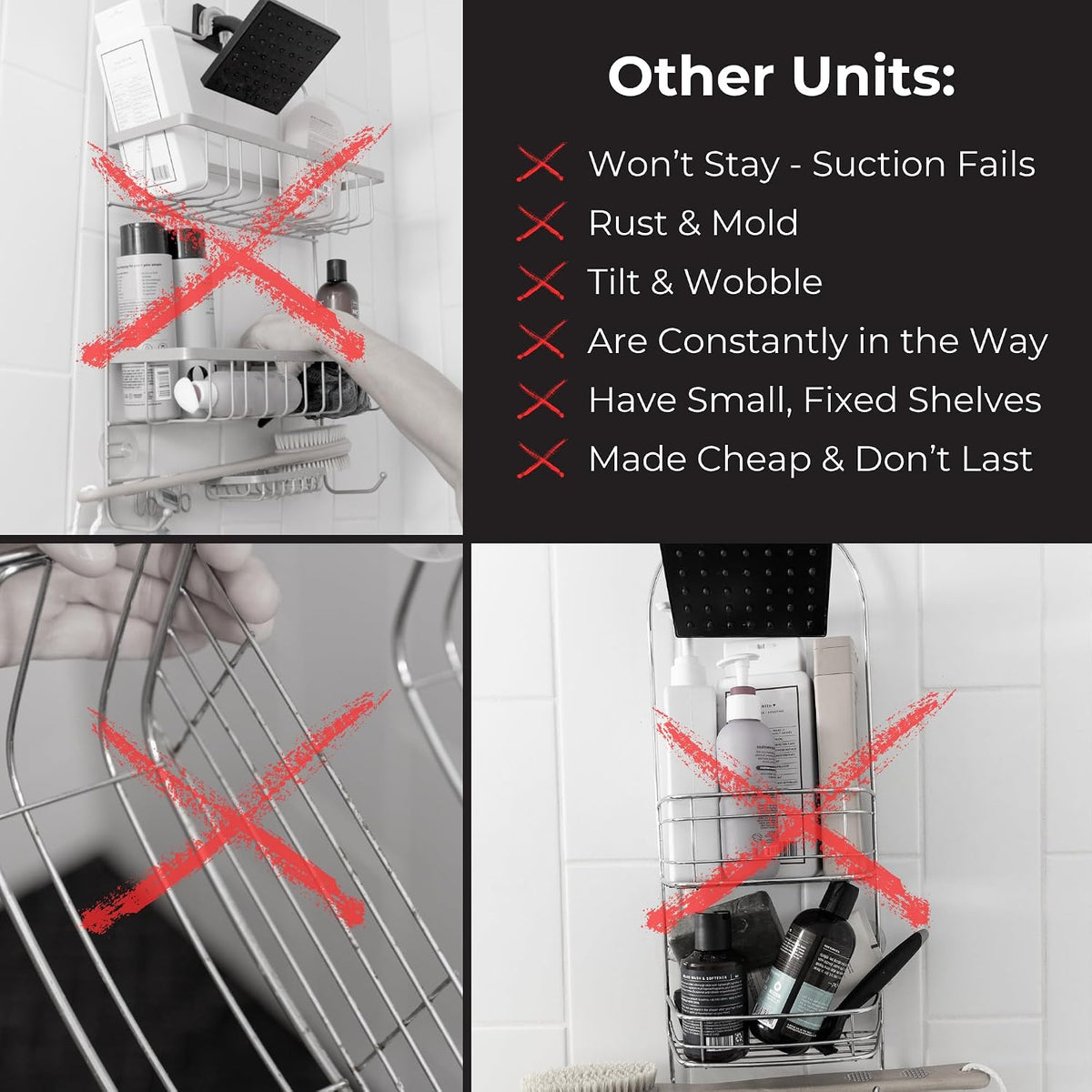 ShowerSMART Shower Caddy, Adjustable Shelves, Magnetic Hooks, Black