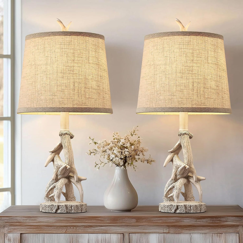 23'' Farmhouse Table Lamps for Bedroom Rustic Deer Antler Table Lamps Set of 2 Bedside Nightstand Lamp Western Log Cabin Lamp for Living Room Study Room Desk, White