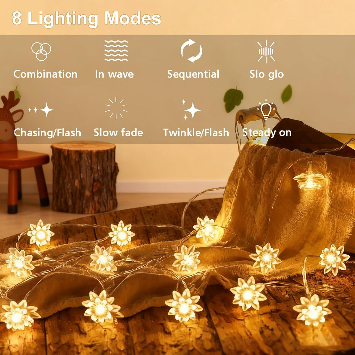 echosari Flower String Lights Battery Operated 158" Lotus Flower Warm White