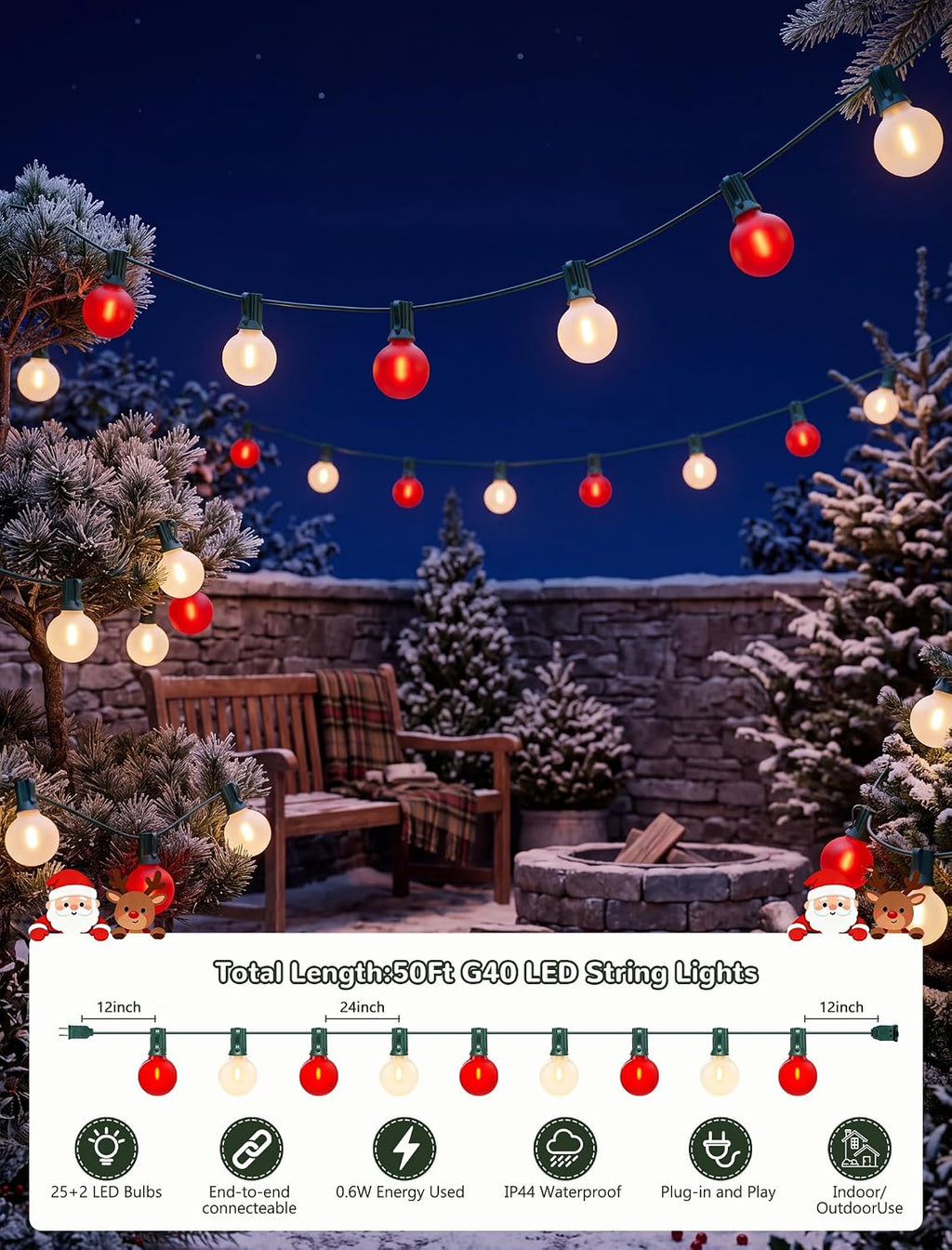 50FT 25 LED Frosted Red and White Christmas Lights Outdoor, G40 Globe Bulbs