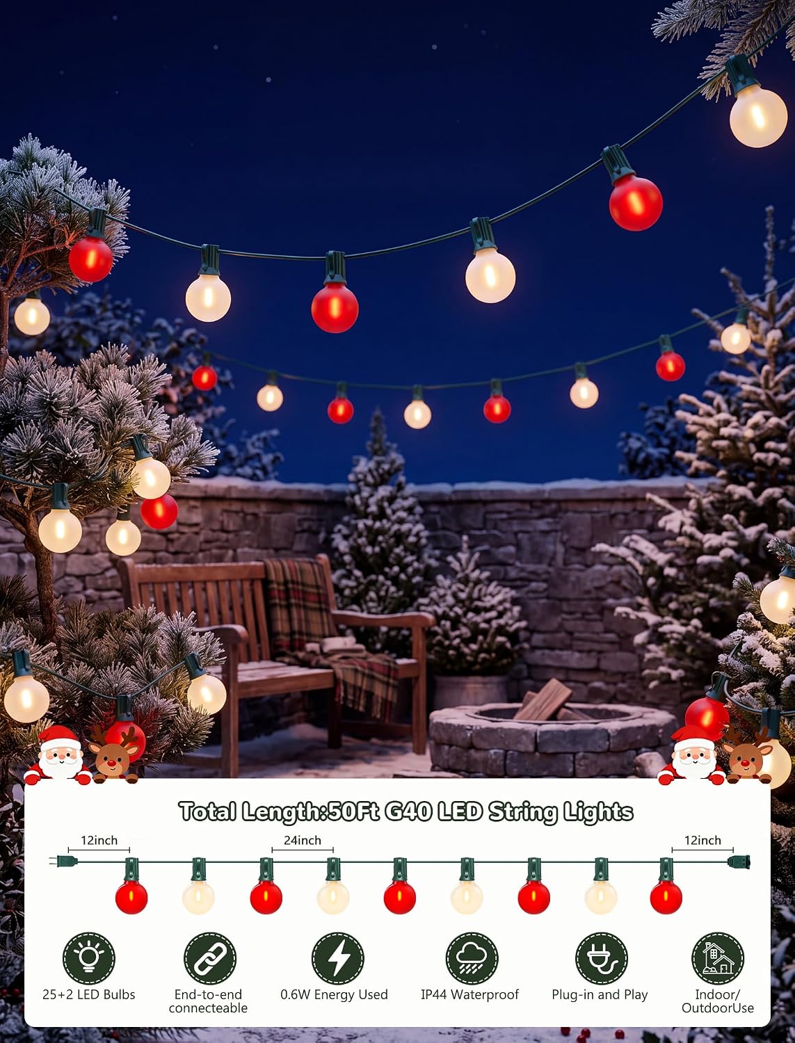 50FT 25 LED Frosted Red and White Christmas Lights Outdoor, G40 Globe Bulbs