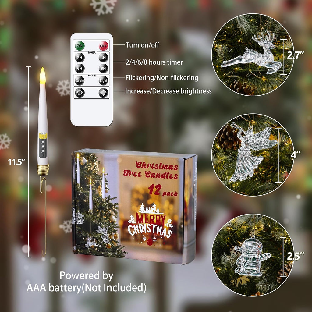 LED Taper Candles with Snowman, Reindeer, Fairy Hooks, Remote Timer White 12pcs Plastic Flameless Candlesticks Flickering Battery Operated Warm Light for Home Decor (0.5" x 6")