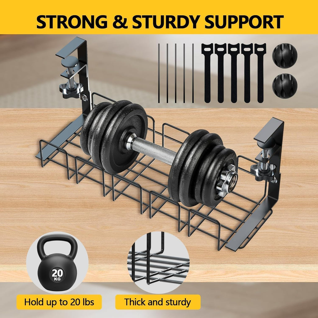 15.7 Inch Under Desk Cable Management Tray - Black No Punch Wire Organizer Holder, Sturdy Metal Rack for Power Strip, Desk Cable Organizer for Home, Office, Standing Desk, Gaming & Streaming Setup