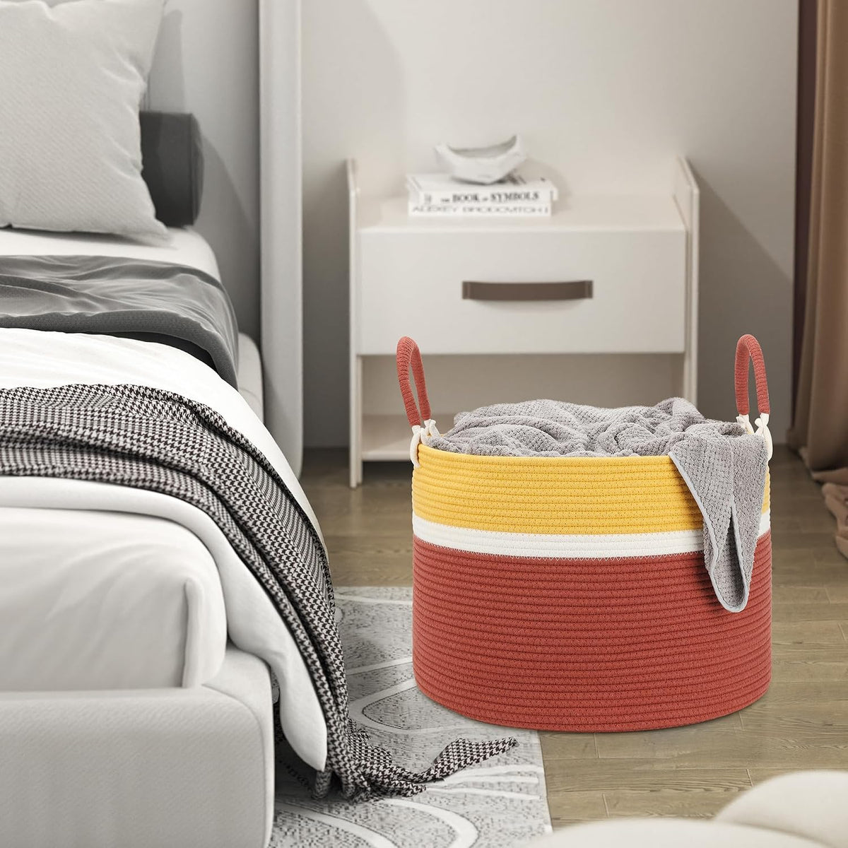 Large Blanket Basket (20"x13"),Woven Basket for Storage Dirty Clothes for Laundry, Living Room, Nursery, Bedroom Rope Storage Basket for Blankets（Yellow/Brown）