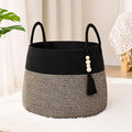 Large Nursery Hamper, 60L Blanket Basket with Handle, Baby Laundry Basket for Gift, Toy, Clothes, Woven Storage Basket with Wooden Bead Decor, Baby Hamper for Nursery (Black&Brown)