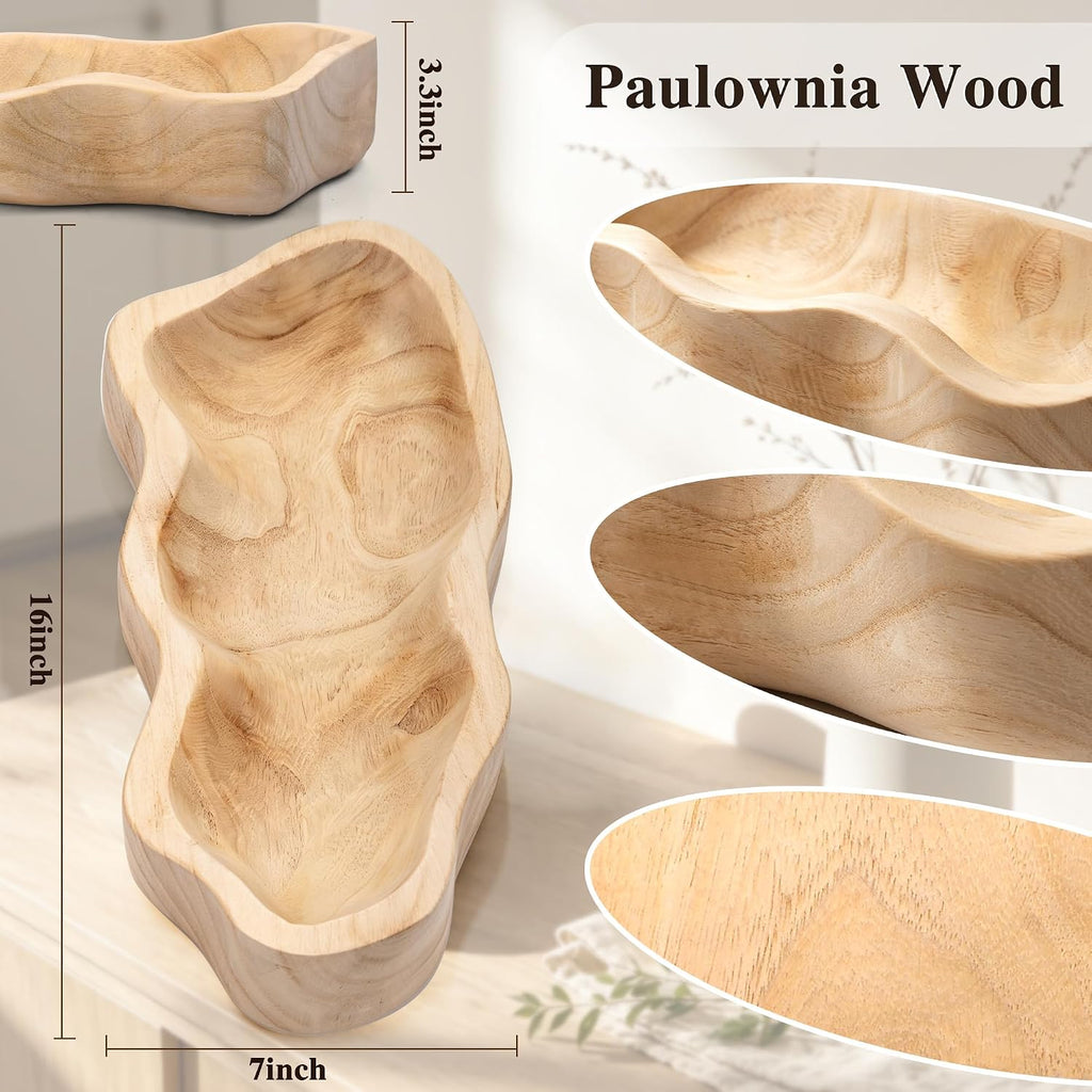 16 Inch Wavy‑Edge Wooden Dough Bowl, Large Decorative Bowl for Home Decor