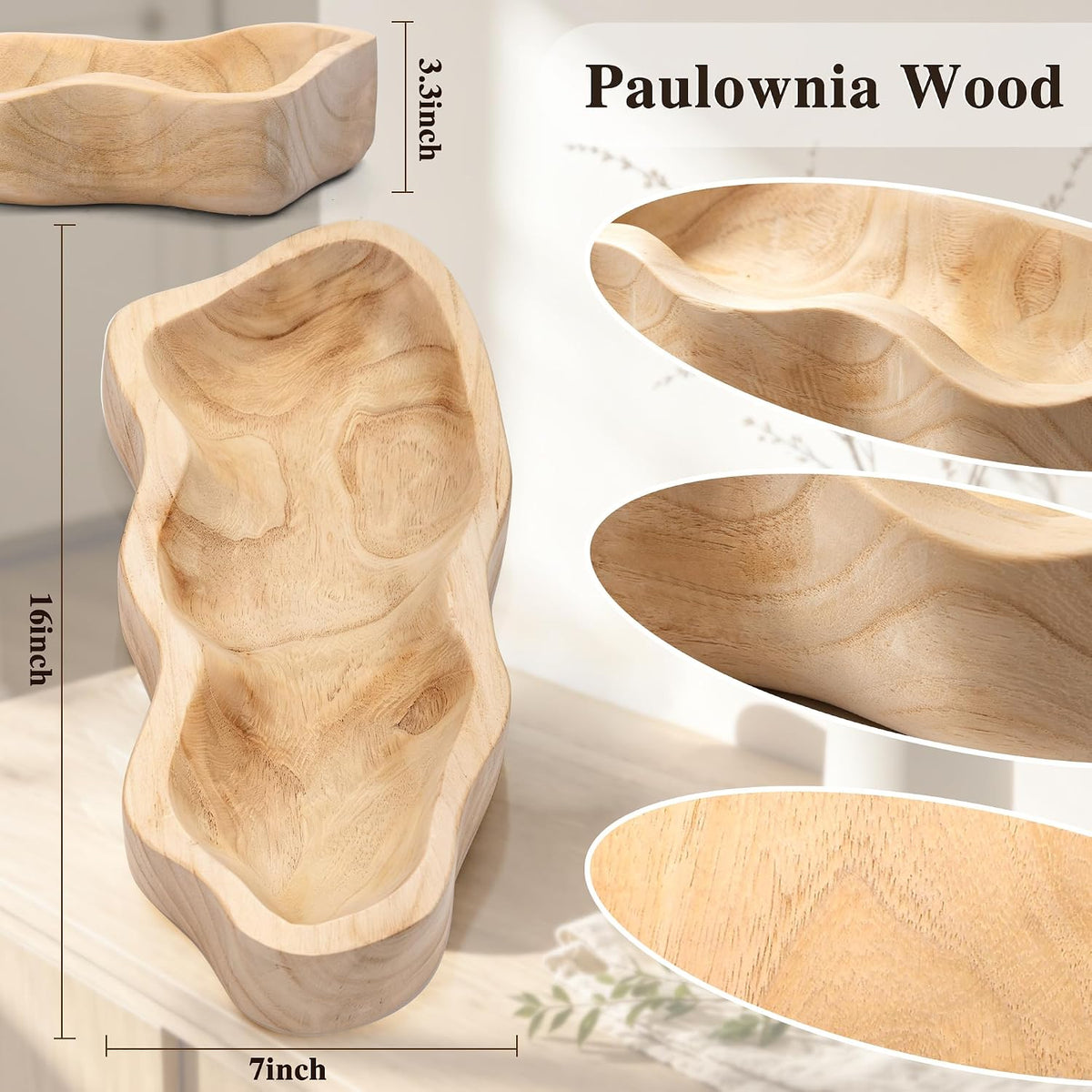 16 Inch Wavy‑Edge Wooden Dough Bowl, Large Decorative Bowl for Home Decor