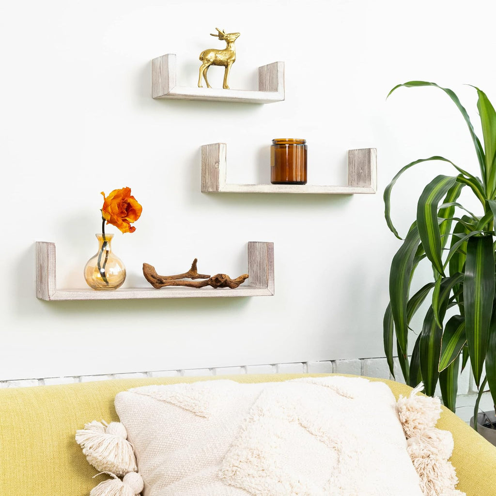 Greenco Set of 3 Floating “U” Shelves, Easy-to-Assemble Floating Wall Mount Shelves for Bedrooms and Living Rooms, Rustic Finish (Pack of 2)
