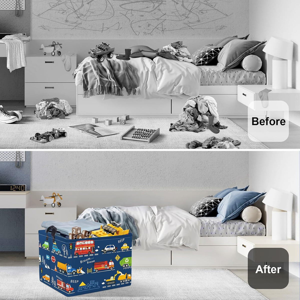 Cars Laundry Hamper Cartoon Vehicle Large Storage Basket Collapsible Parents Organizer Boy Toy Clothes Bins for Bedroom, Bathroom, City Bus, 36L