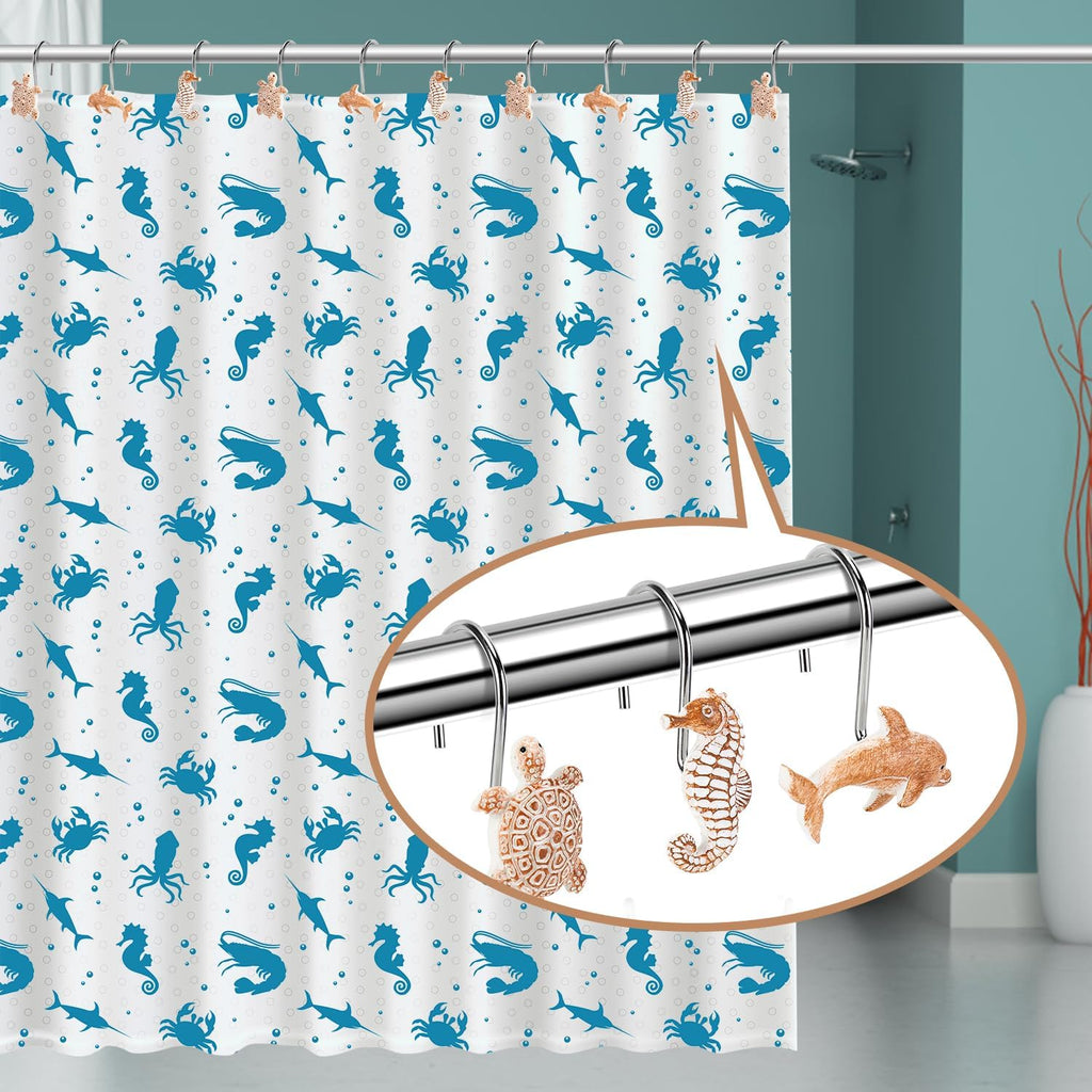 Seashell Shower Curtain Hooks, 12Pcs Decorative Anti-Rust Shower Hooks, Coastal Style Curtain Hooks for Bathroom Nursery Bedroom Living Room Decoration (Turtle Starfish Dolphin)
