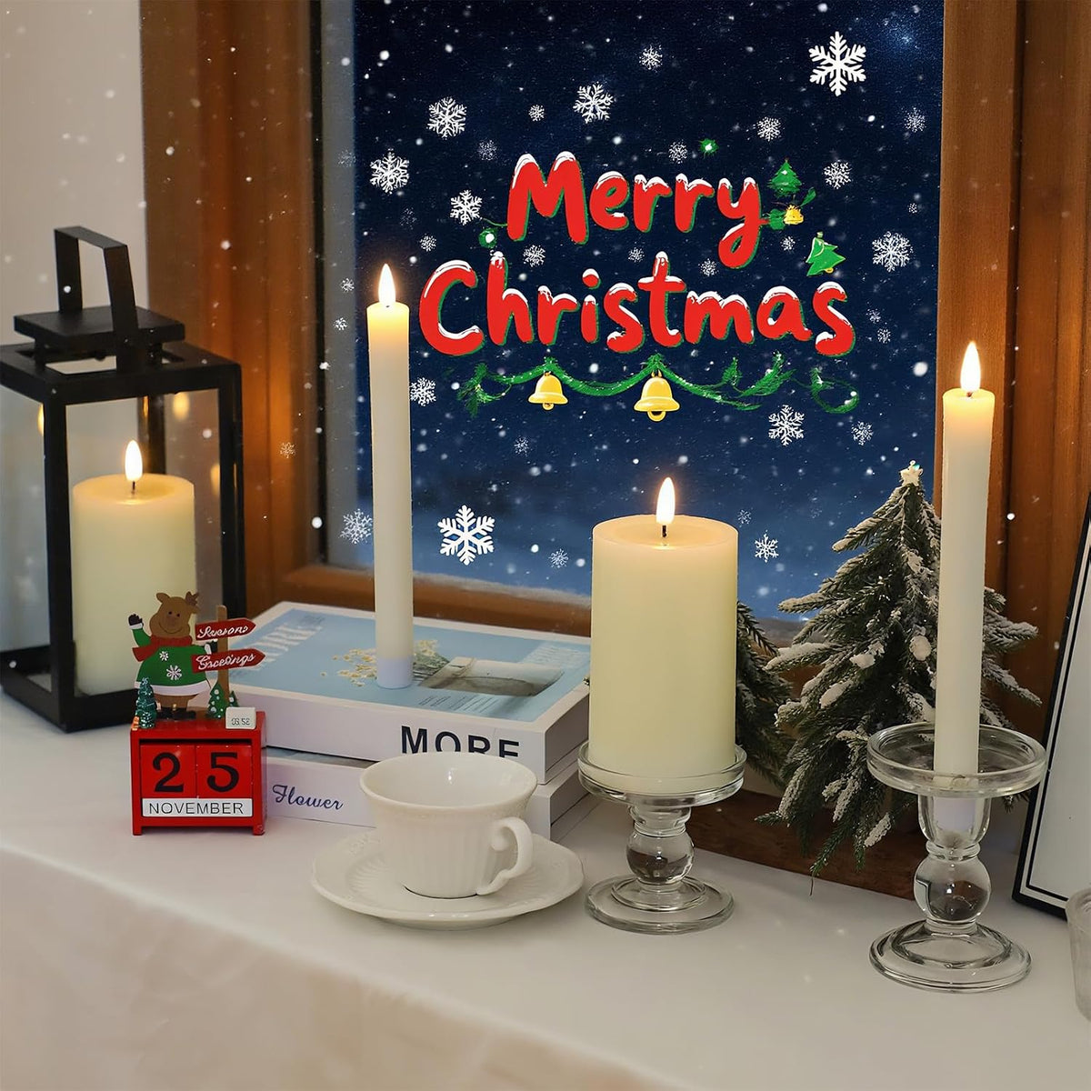 Real Wax LED Flameless Candles with Remote Timer, 4 Pcs Ivory Battery Operated Window Candle with 3D Flickering Flame for Fireplace Xmas Halloween Wedding Decor (9.5" Taper & 5" Pillar)