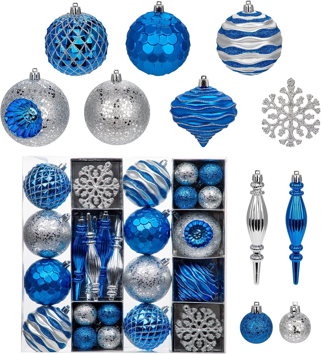 Hollyone Blue and Silver Christmas Balls Ornaments Set, 50pcs Large Glitter Shatterproof Christmas Snowflakes Ornaments Bulk Decoration Hanging Ball for Xmas Tree Wreath Garland Wedding Home Decor