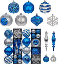 Hollyone Blue and Silver Christmas Balls Ornaments Set, 50pcs Large Glitter Shatterproof Christmas Snowflakes Ornaments Bulk Decoration Hanging Ball for Xmas Tree Wreath Garland Wedding Home Decor