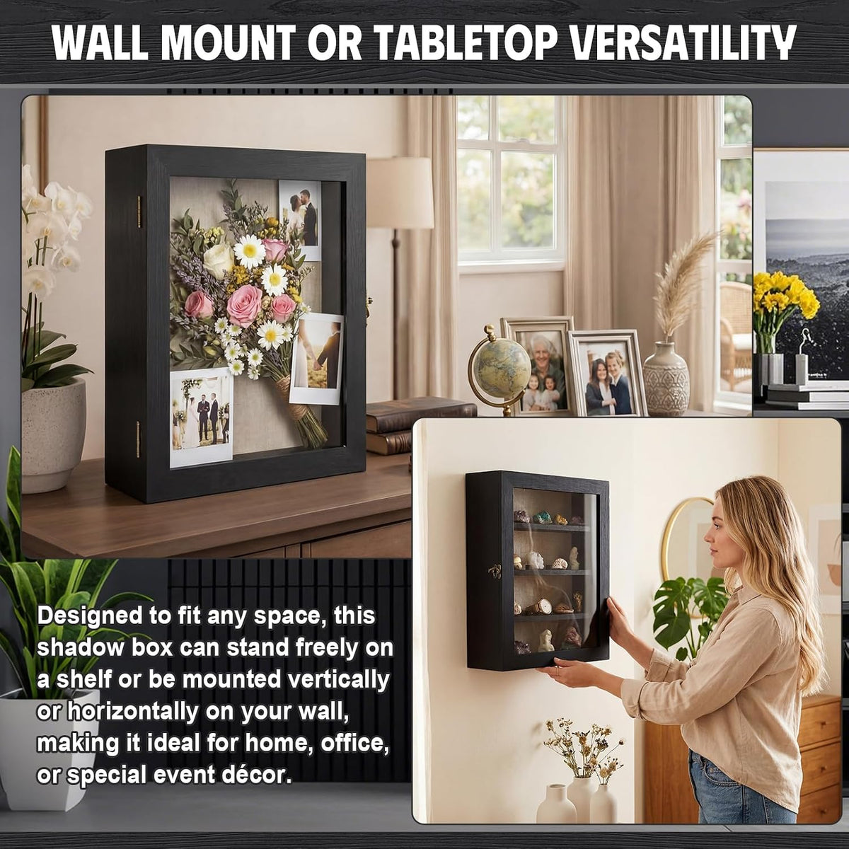 Gerrii Shadow Box Display Case 11 x 13 - Deep 5 Inch Wooden Picture Frame with Linen Back, Removable Shelves, Wooden Memory Case for Wedding Bouquets, Photos, Medals & Keepsakes, Black