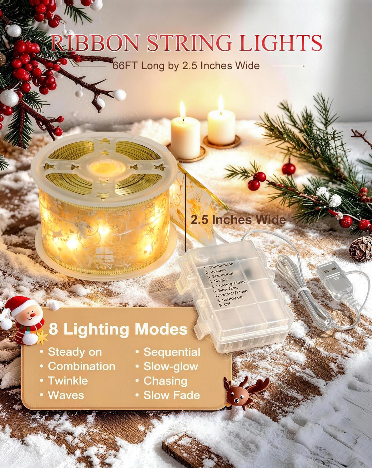 JMEXSUSS Christmas Decor 66Ft 200 LED 2.5Inch Christmas Tree Ribbon Lights