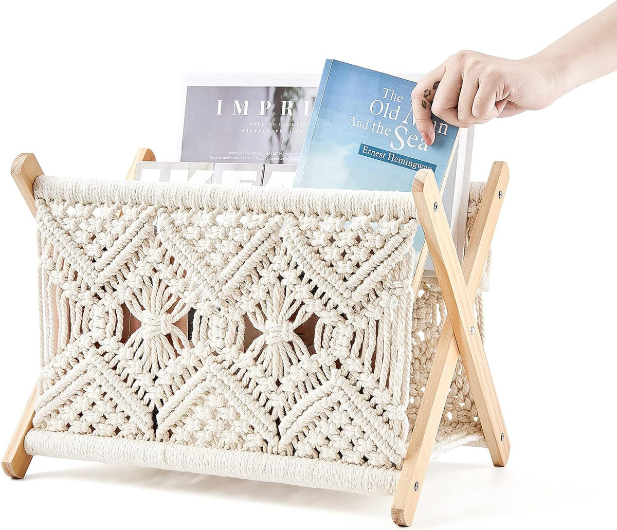 Mkono Macrame Magazine Holder, Boho Woven Book Rack Basket, 14" L x 10" W