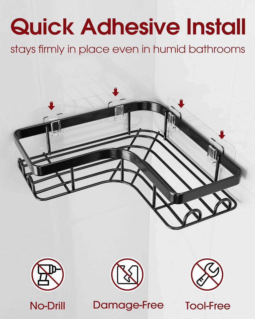 Sakugi Corner Shower Caddy, Large, 3-Pack, Soap Holder & Hooks, Black
