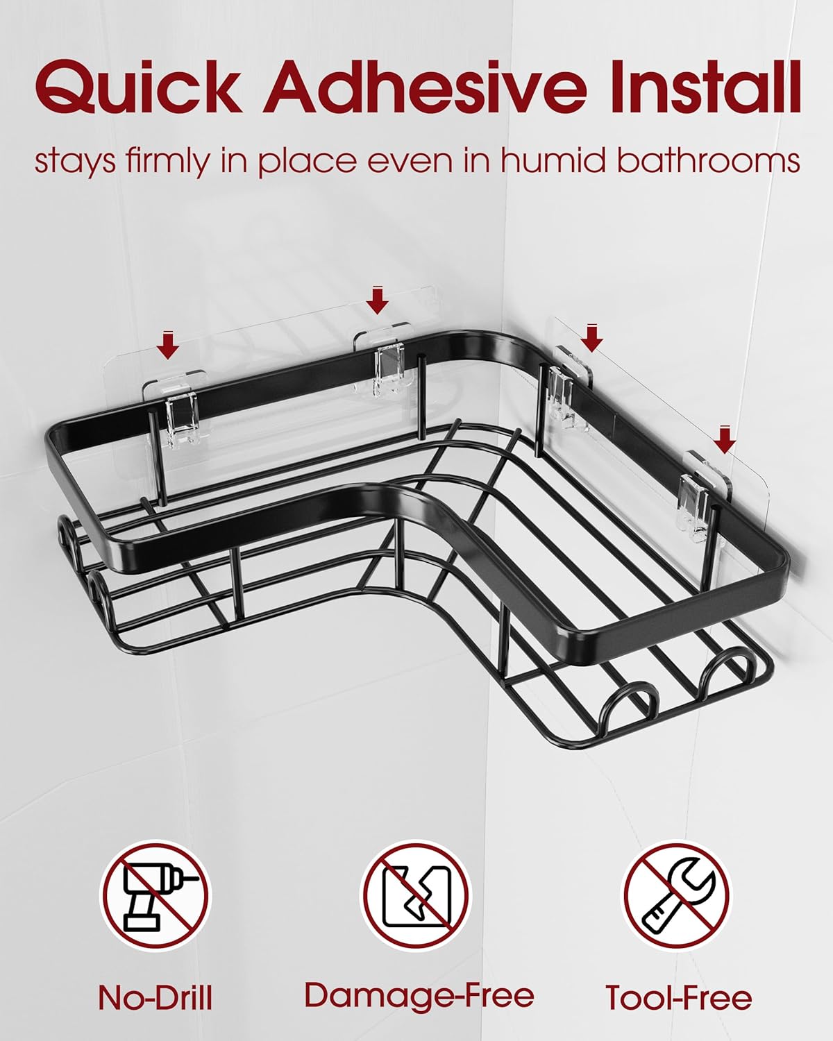 Sakugi Corner Shower Caddy, Large, 3-Pack, Soap Holder & Hooks, Black