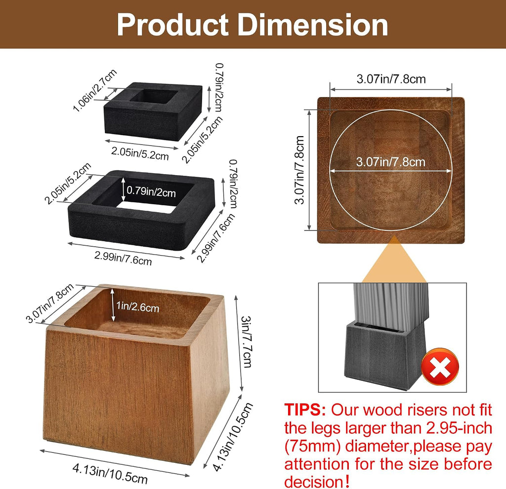 Wooden Bed Risers 3 Inch Heavy Duty, Support 2500 lbs, Brown