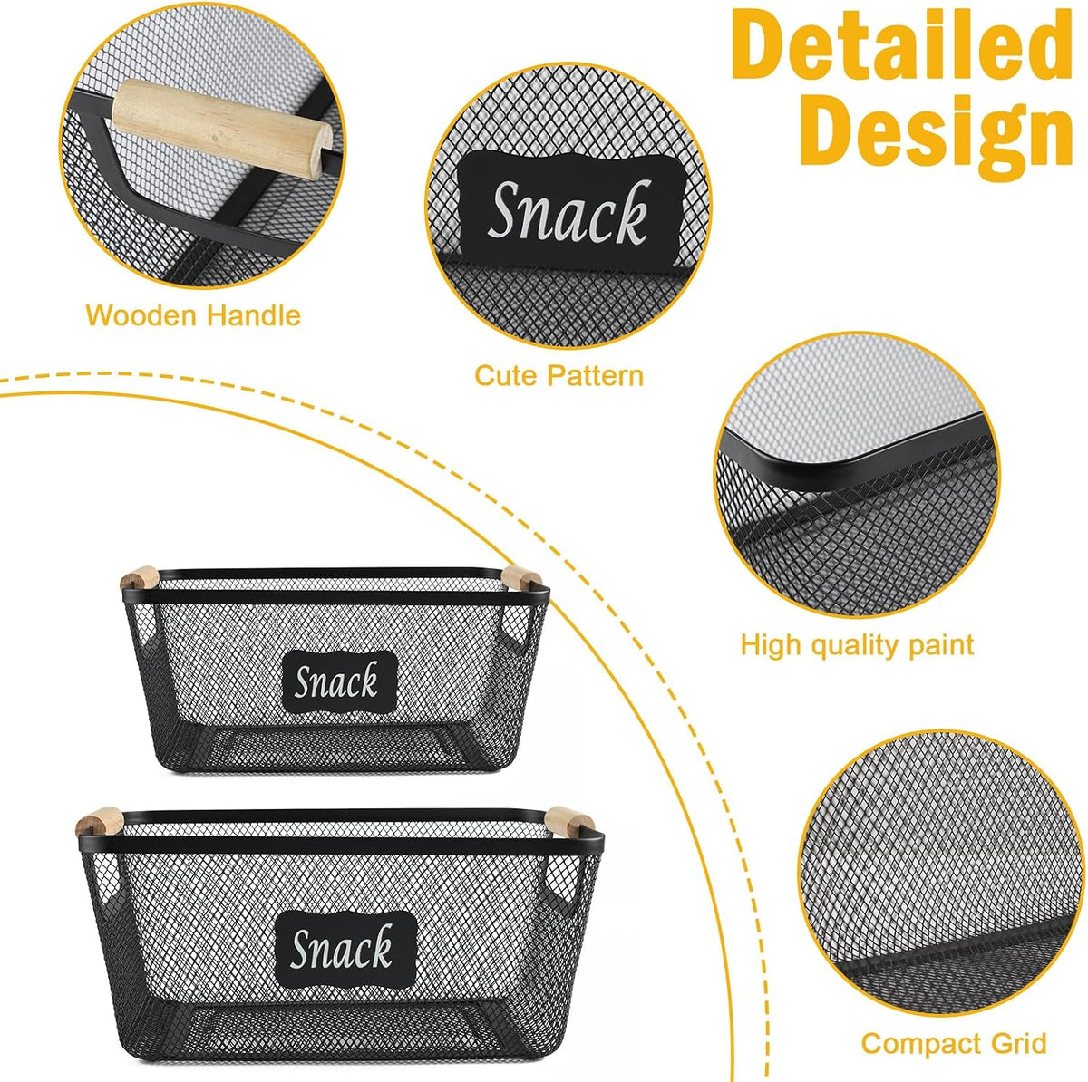 Snack Organizer for Pantry Shelf, 2 Pack Metal Mesh Snack Baskets with Wooden Handles, Snack Bin for Snack Bar Station, Kitchen Cabinet Pantry Organizers and Storage