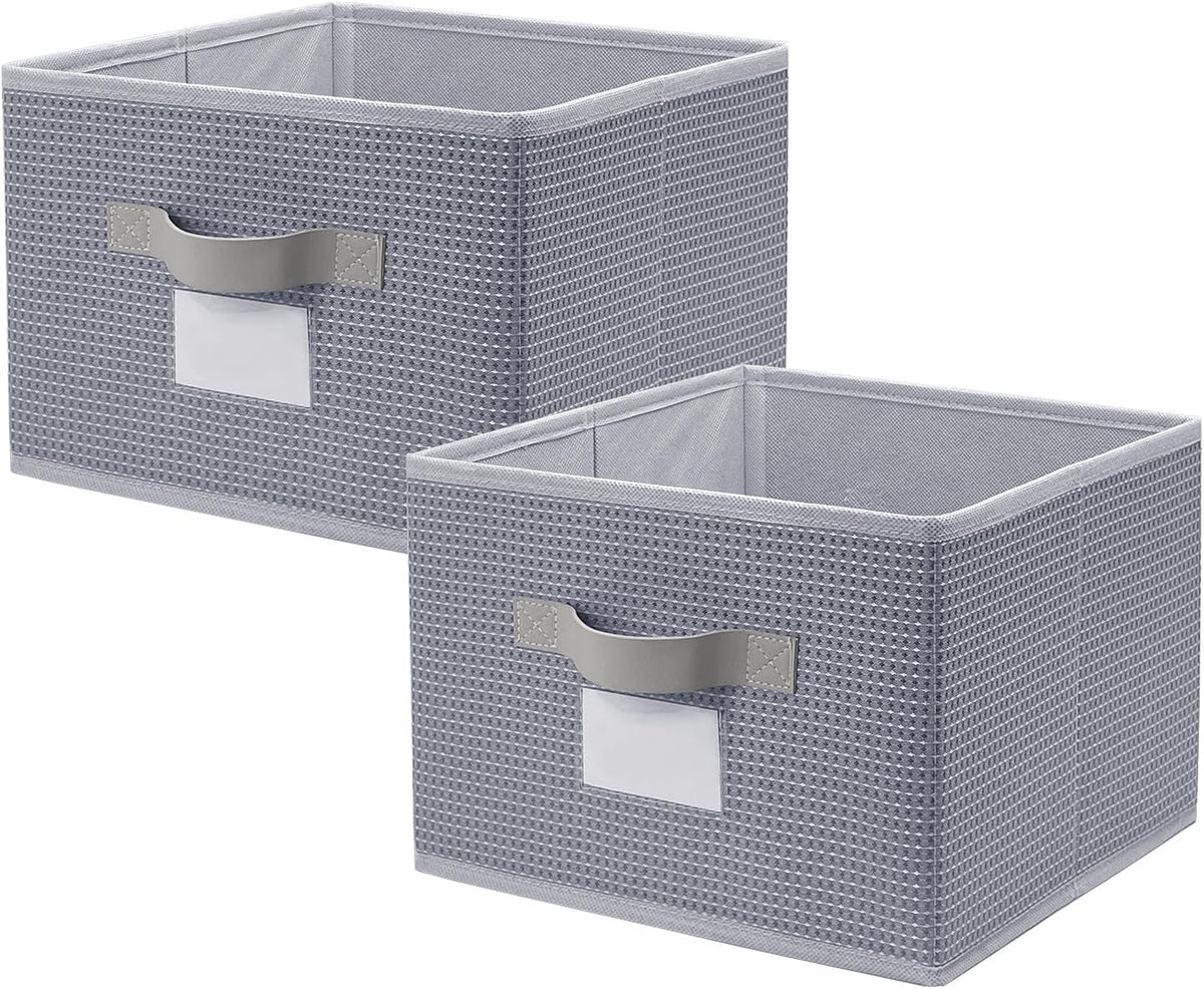 11 inch Woven Fabric Bins, Storage Baskets, Storage Cubes with Reinforced Handles, Organizer Bins for Closet Shelves, Foldable (2, Gray)