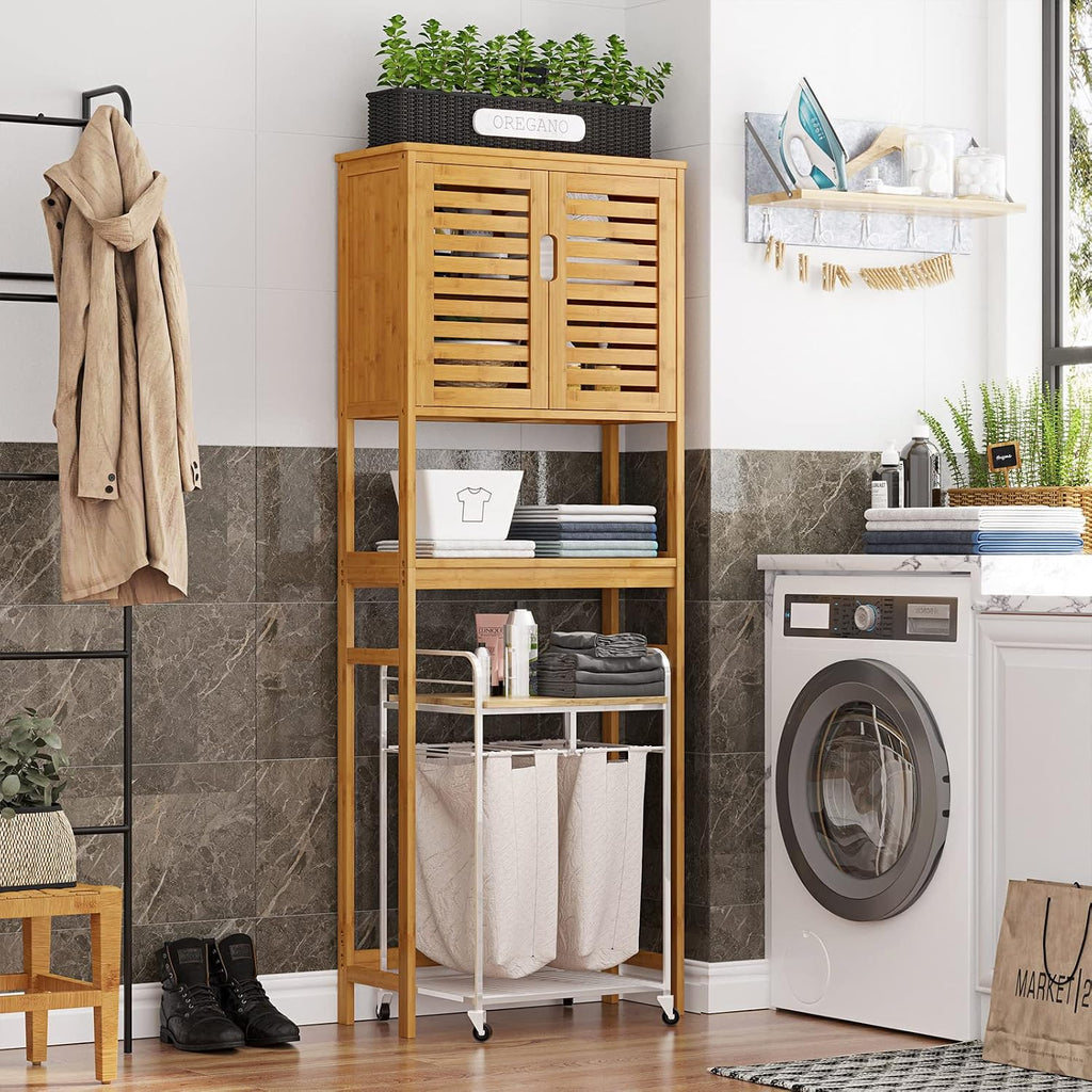 VIAGDO Over The Toilet Storage Cabinet, Tall Bathroom Cabinet Organizer with Cupboard and Adjustable Shelves, Freestanding Toilet Shelf Space Saver Rack Stand for Laundry Room, Balcony, Bamboo