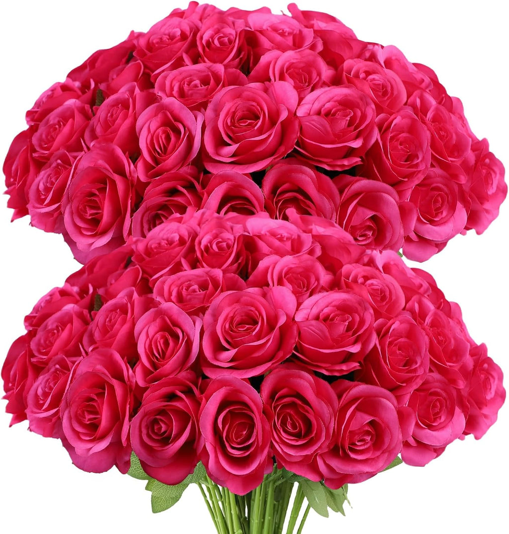 LVEFIT 50Pcs Hot Pink Flowers Fake Roses Artificial Flowers Realistic