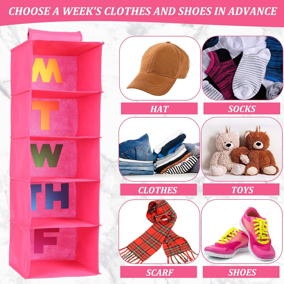 Hahafelt 2pcs 5 Shelf Weekly Clothes Organizer for Kids, Rose Red