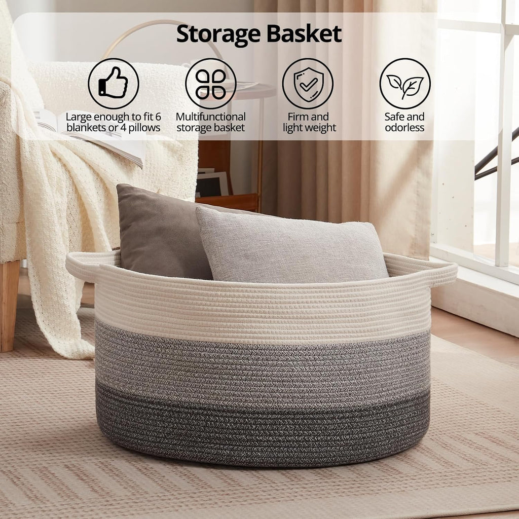 OIAHOMY 105L Extra Large Blanket Basket - Decorative Cotton Rope Storage Basket for Bedroom, Living Room & Nursery - Woven Laundry Hamper for Organizing Blankets, Clothes & Toys - Gradient Grey