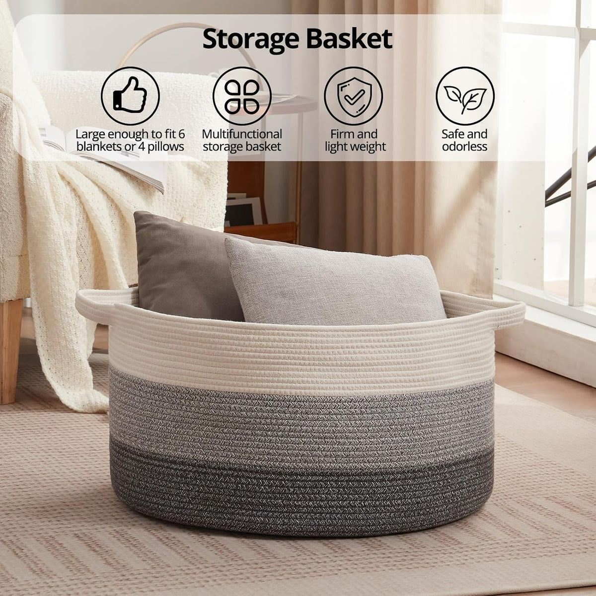 OIAHOMY 105L Extra Large Blanket Basket - Decorative Cotton Rope Storage Basket for Bedroom, Living Room & Nursery - Woven Laundry Hamper for Organizing Blankets, Clothes & Toys - Gradient Grey