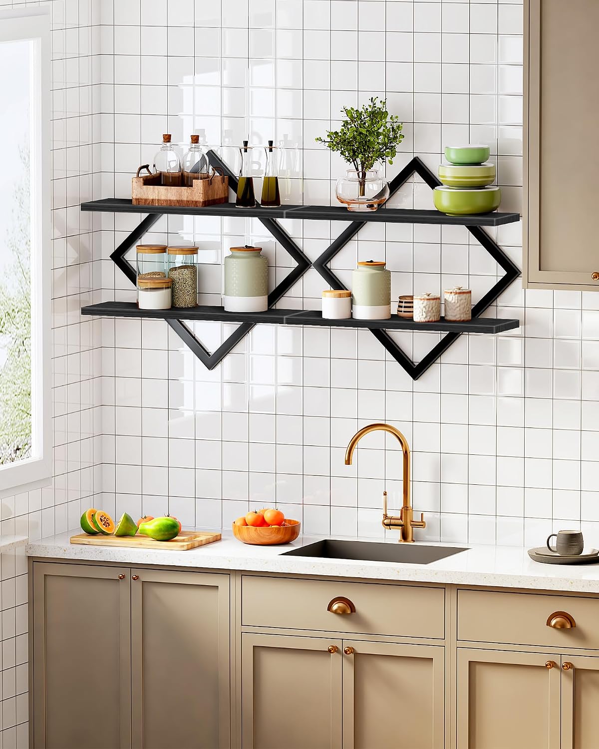 CHOEZON Floating Shelves, Set of 2 Wall Shelves, 2-Tier Hanging Shelves, Wall Shelf Set of 2, Wall Mounted Shelves, for Living Room, Bedroom, Kitchen, Office, Study, Black TBJ01P2BB