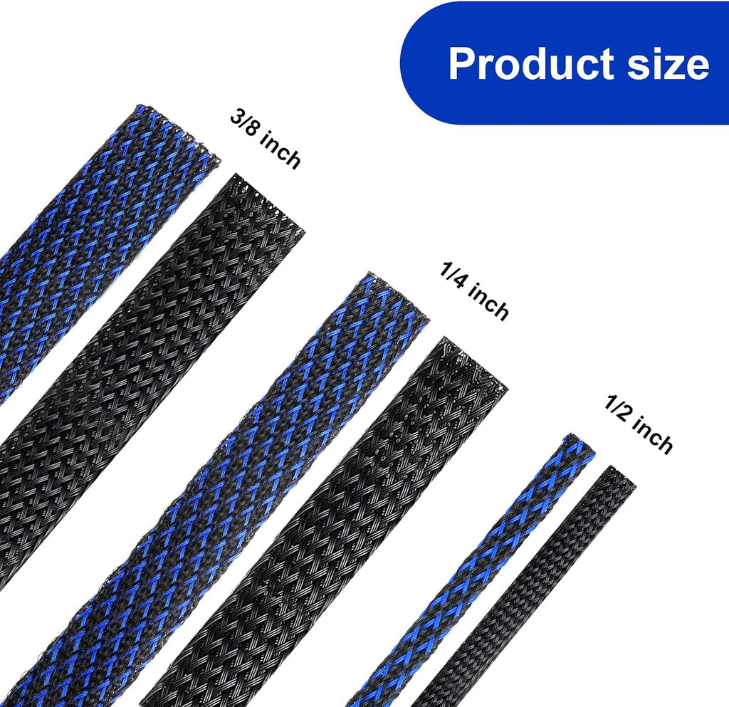 Xuniea 96ft Wire Loom Braided Cable 1/2, 1/4, 3/8 Inch,Black and Blue