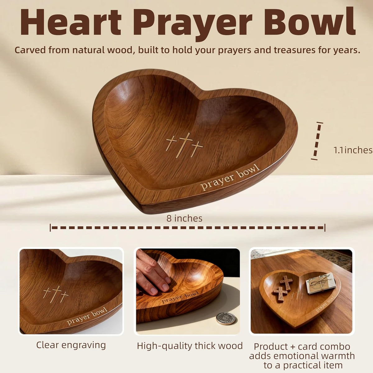 Heart Prayer Bowl with 24 Cards, Christian Heart Shaped Wooden Dough Bowl, Handcrafted Prayer Request Bowl, Religious Gift for Women, Mom, Baptism, Church, Thanksgiving & Christmas Decor