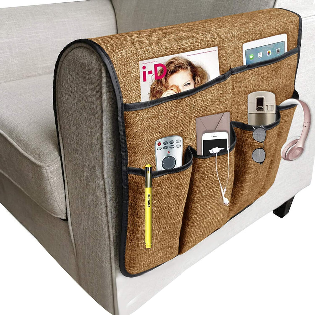 IPENNY Cotton Linen Sofa Couch Remote Control Holder Chair Armrest Caddy Pocket Organizer Storage Bag for Cellphone Tablet Notepad Book Magazines DVD Eyewears Drinker Snacks Holder Pouch