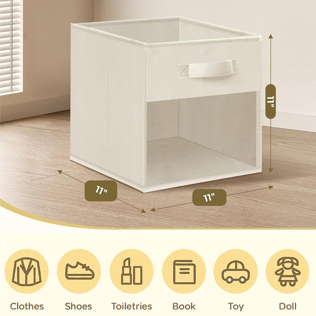 Storage Cubes with Clear Window, 11" Storage Bins, Foldable Cube Storage Box, Fabric Closet Organizers with Handles for Home, Office, Shelf, Closets, Living Room, Beige, 6 Pack
