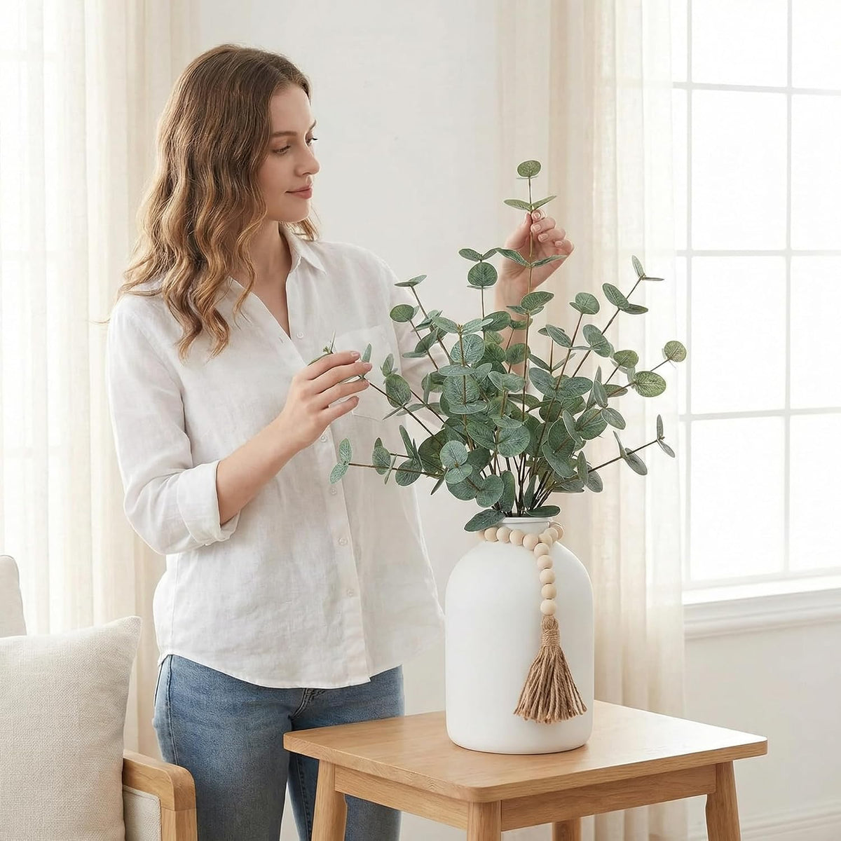 6 Pcs Artificial Eucalyptus Stems in Large White Vase ,18" Artificial Greenery Stems Centerpieces Fake Eucalyptus Stems 9 in Tall Vase Home Decor Coffee Table Kitchen Table Centerpieces Decor (White)