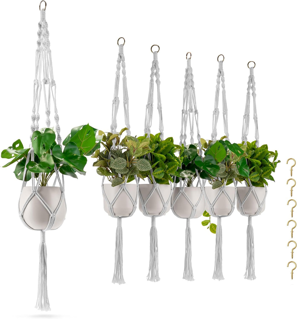 Sorbus Macrame Plant Hanger (6 Pack) Indoor Outdoor Hanging Plant Pots Cotton Rope, Elegant for Home, Patio, Garden (White)