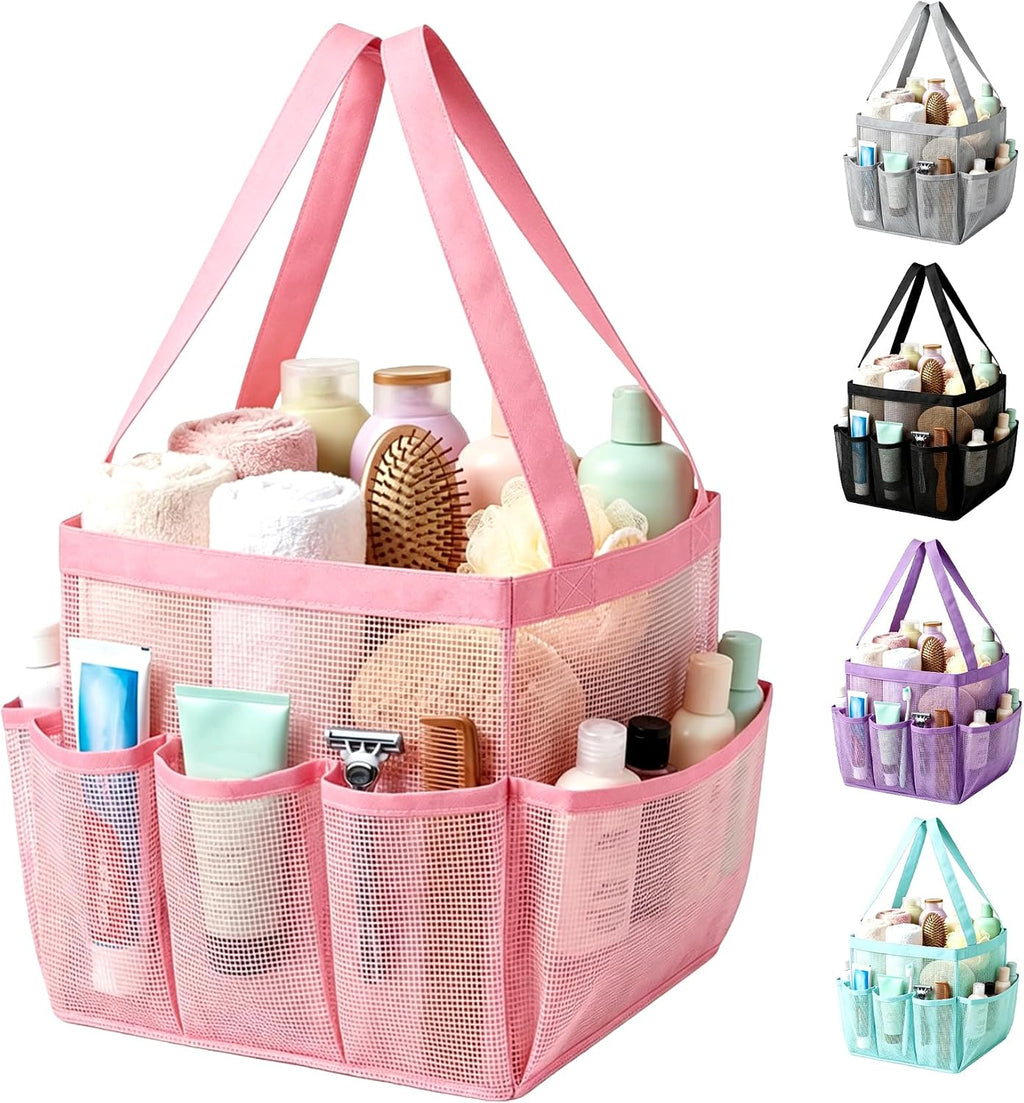 Mesh Shower Caddy Portable for College Dorm Room Essentials, Large Foldable Camp Travel Shower Bag with 9 Pockets, Quick Dry Bathroom Toiletry Tote Bag for Beach Swimming Gym Women Girl (Pink)