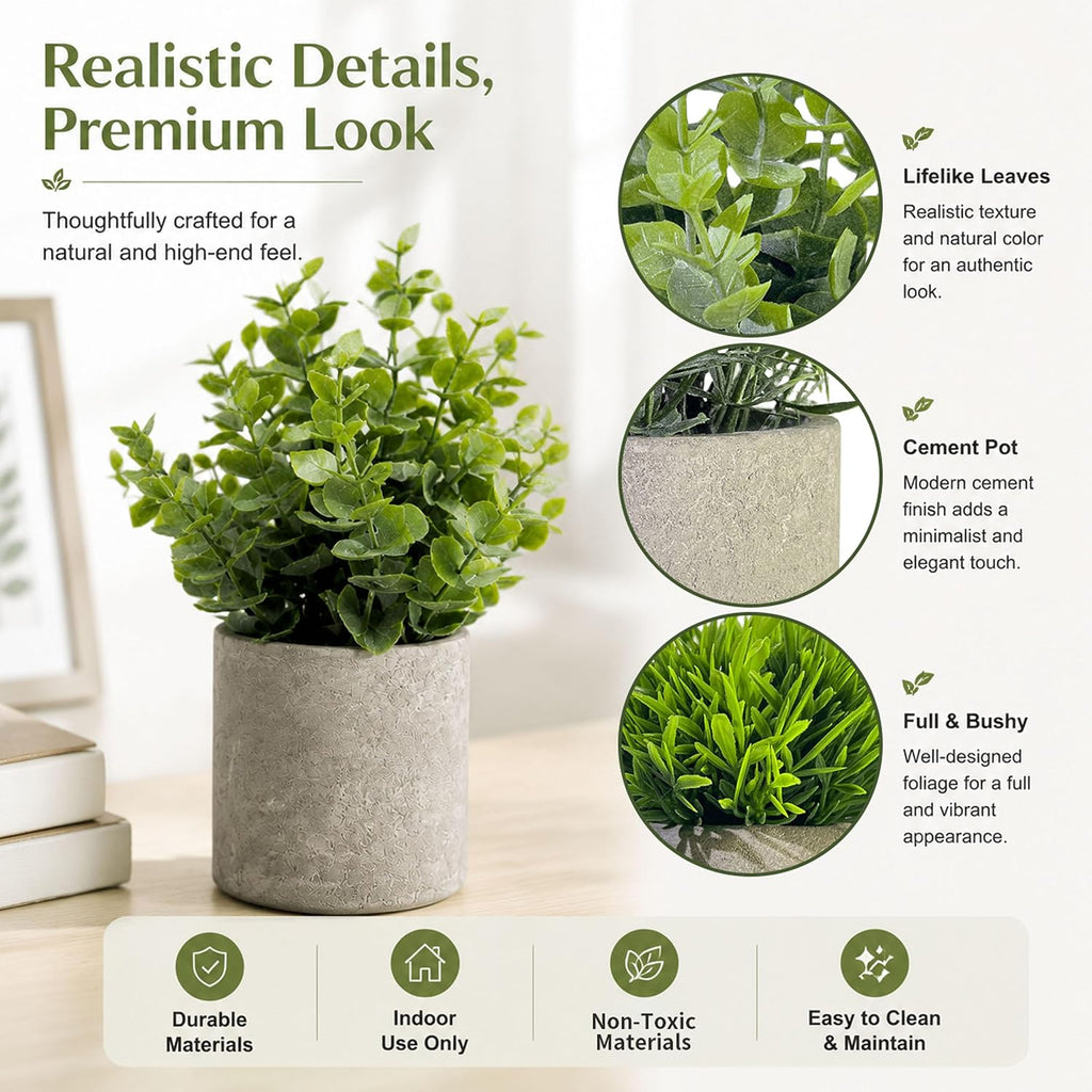 Set of 4 Small Artificial Plants in Pots, Faux Greenery Cement Desk