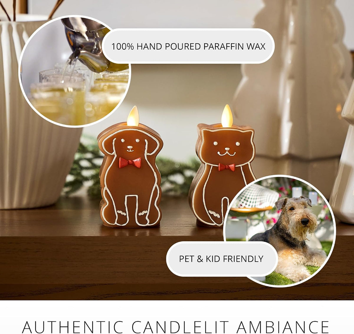 Luminara Flickering Flameless Candle 2.3" x 4.3", Battery Operated & Timer Function, Remote Ready (Sold Separately), Gingerbread Dog Moving Flame LED Light Figural Candle for Christmas Holiday Display