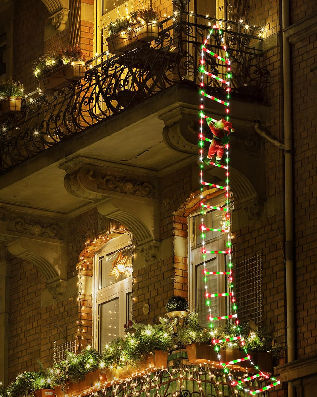 Toodour LED Christmas Lights - 10ft Christmas Decorative Ladder Lights with Santa Claus, Xmas Decorations Light for Indoor Outdoor, Window, Garden, Home, Wall, Xmas Tree Decor - Red White & Green